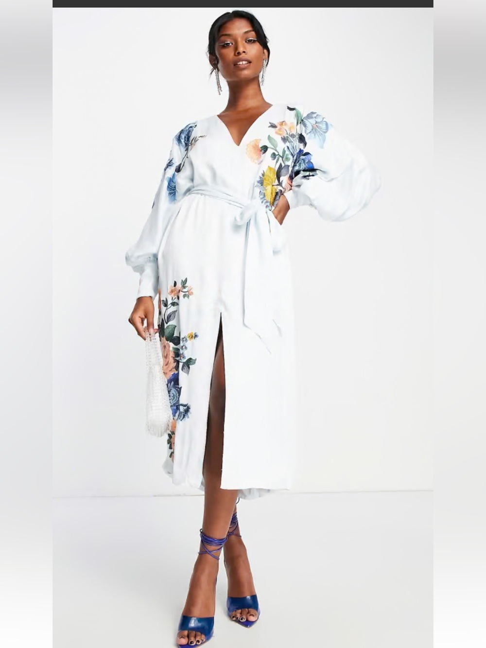 ASOS DESIGN SATIN MIDI DRESS W/ FLORAL EMBROIDERY IN PALE BLUE SIZE 0 OVERSIZED
